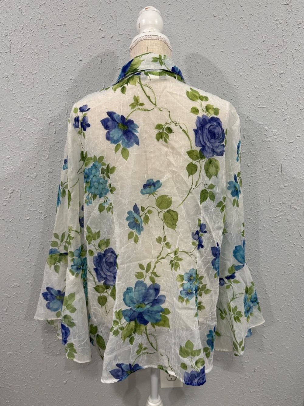 Dress Barn White Sheer‎ Floral Button-Up Blouse Flare Sleeves Size XL Y2K - Picture 4 of 8